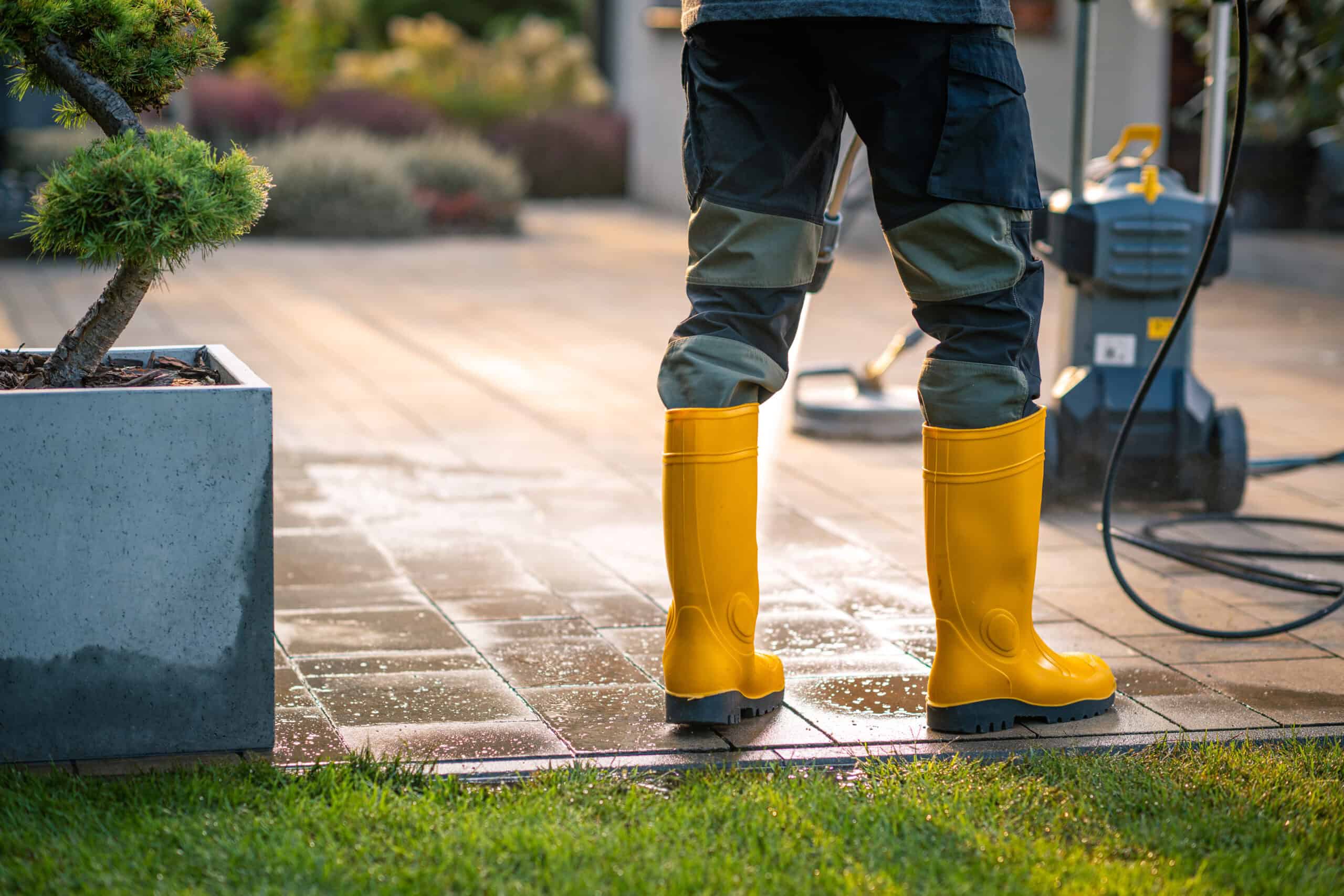 Cleaning a Patio With a Pressure Washer While Wearing Yellow Waterproof Boots in the Garden